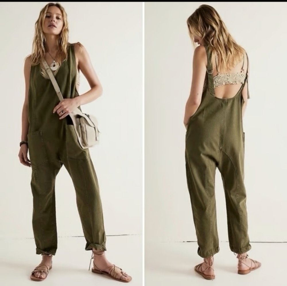We The Free High Roller Jumpsuit Adjustable Overalls in Moss Stone Green Denim